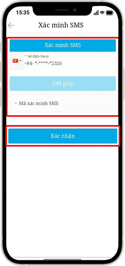 Bước 3: Nhấn gửi tin nhắn xác minh SMS » Nhập mã SMS được gửi về số điện thoại liên kết » Xác nhận
